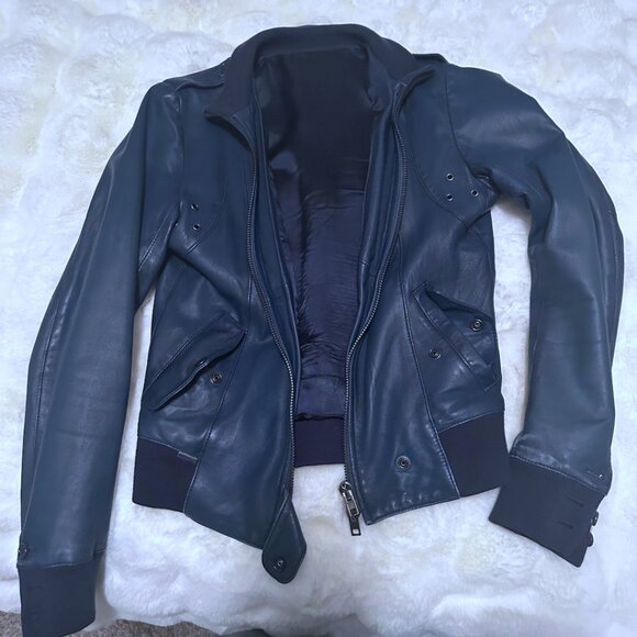 RARE S.W.O.R.D. Navy Blue Leather Bomber Jacket - Size M  (Authentic, Vintage) - Picture 1 of 14